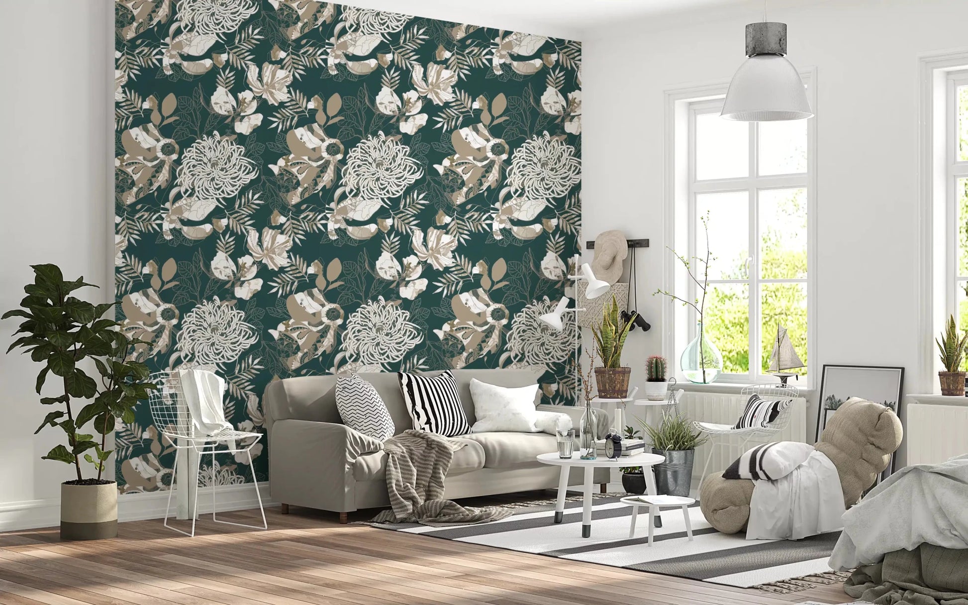 Forest Green Art Deco Floral wallpaper with cream flowers and deco detailing, GD9492