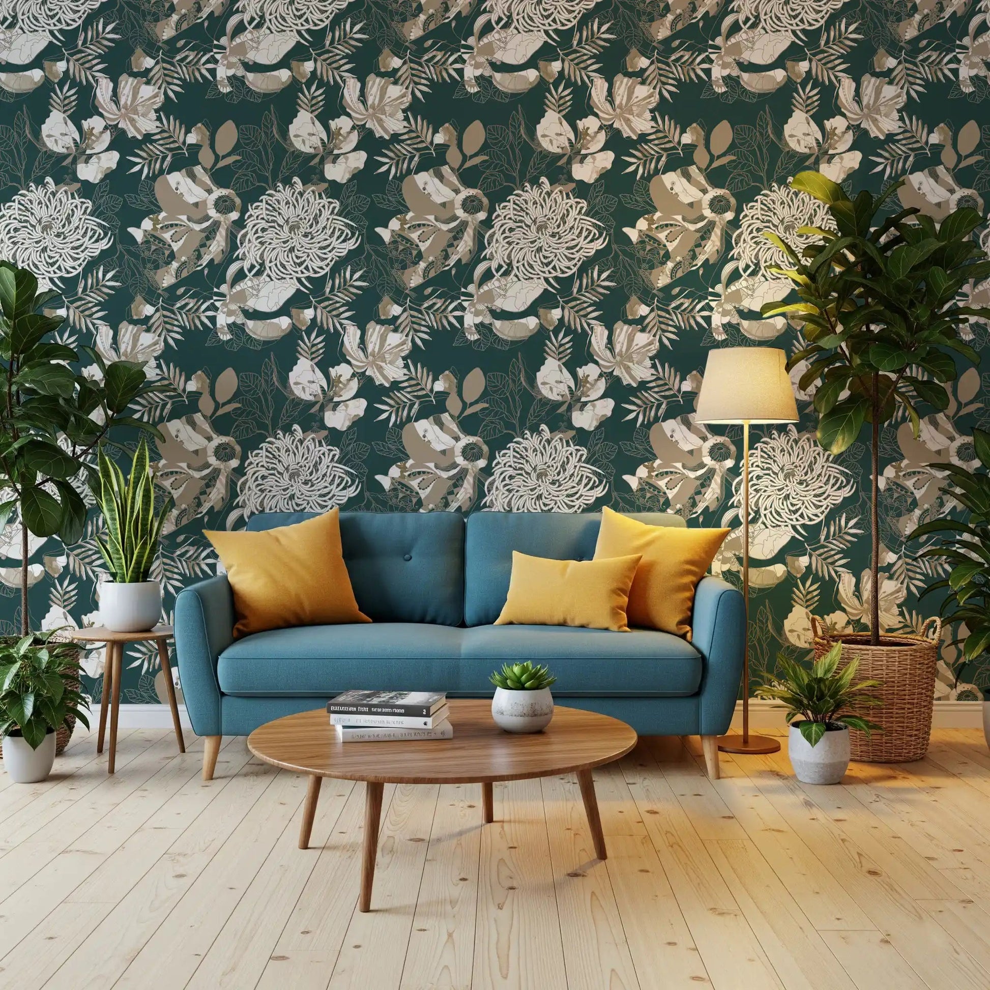 Art deco wallpaper with botanical pattern and elegant flower layering, GD9492