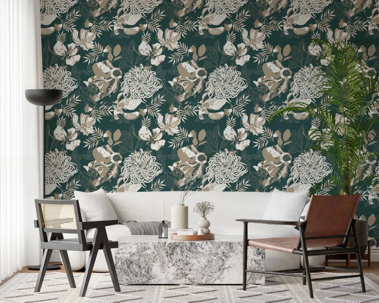 Living room with Forest Green Art Deco Floral wallpaper and cream bloom detail, GD9492