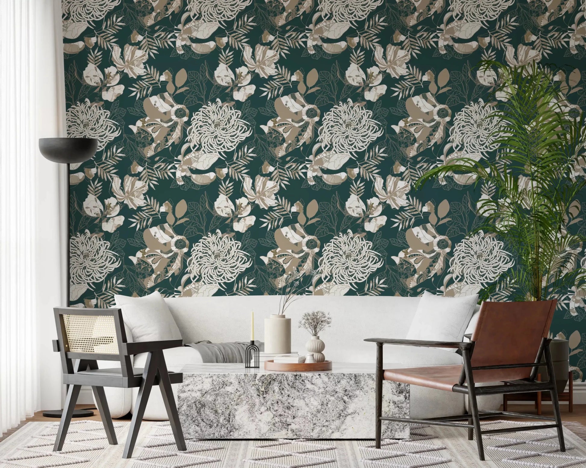Living room with Forest Green Art Deco Floral wallpaper and cream bloom detail, GD9492