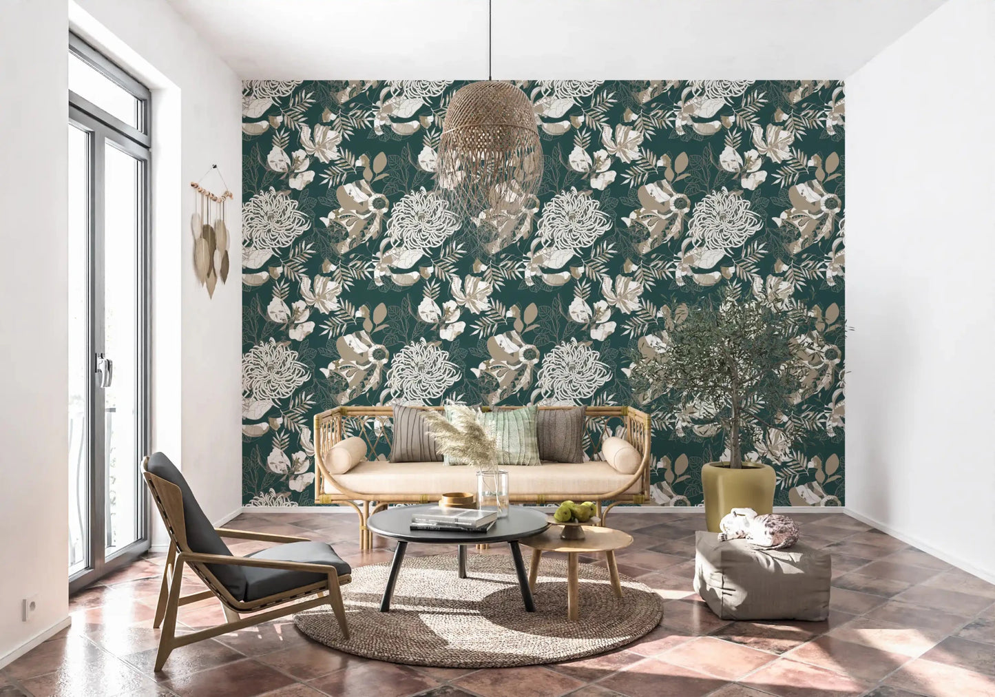 Art deco wallpaper with botanical pattern and elegant flower layering, GD9492