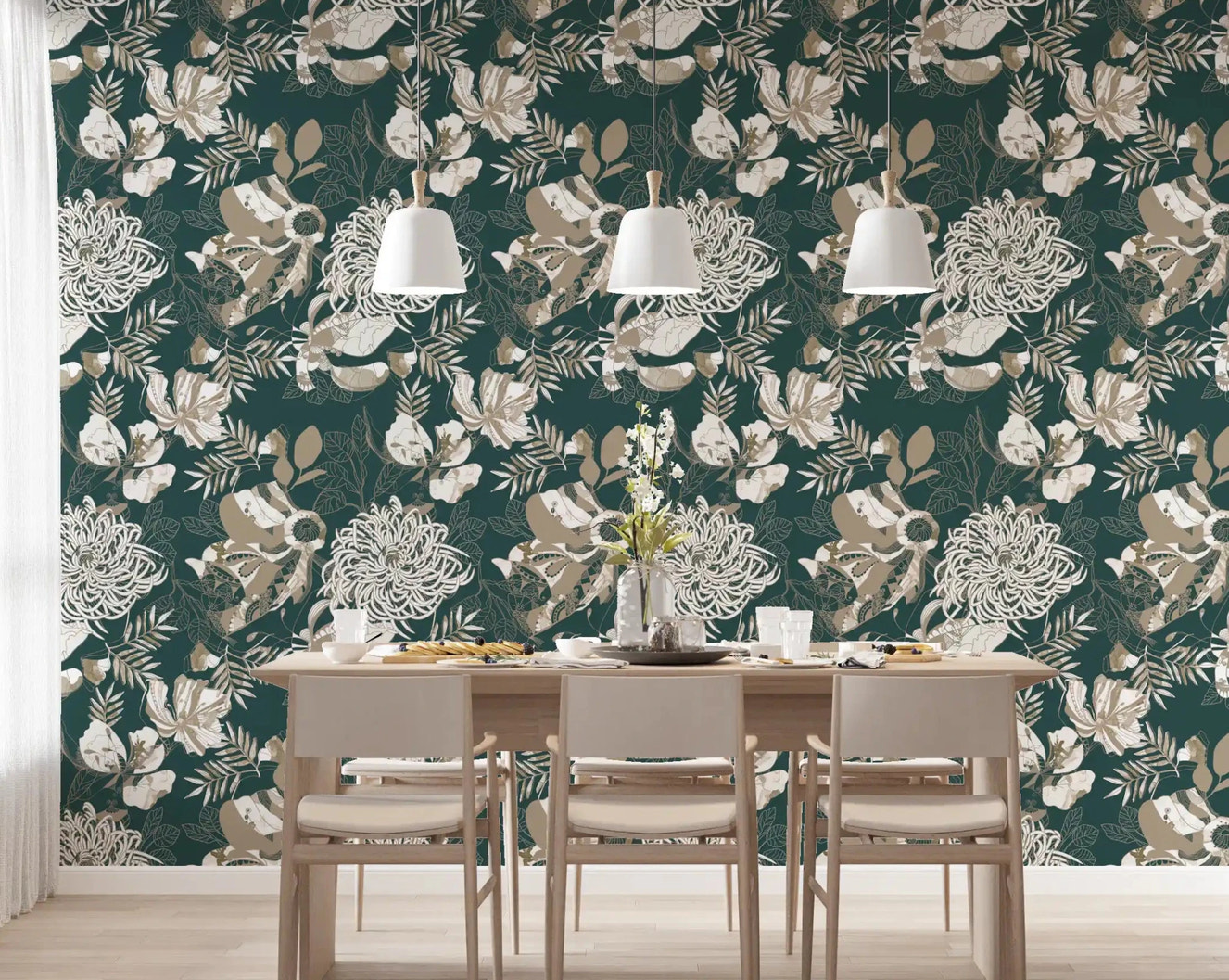Dining wall with Forest Green Art Deco Floral wallpaper and layered leaf motifs