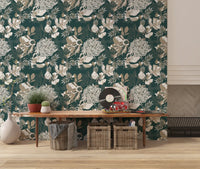 Dark green floral wallpaper showing art deco blooms and soft botanical contrast, GD9492