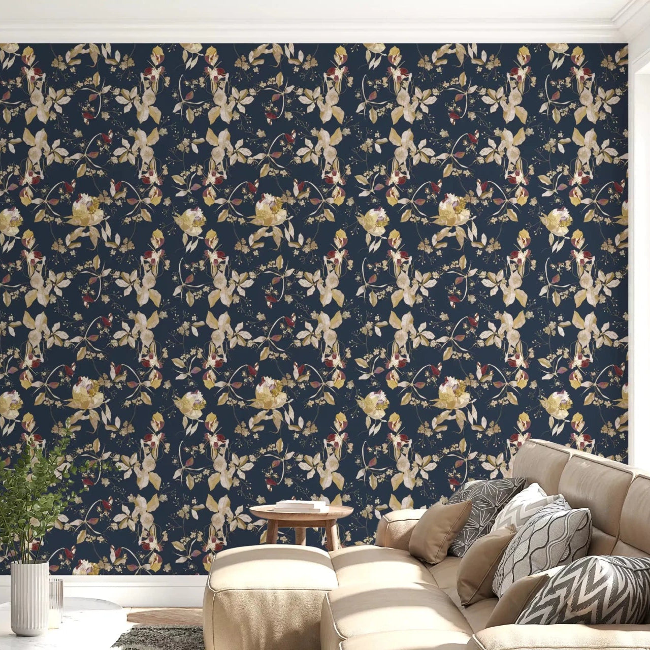Cozy hallway styled in Forest Green Floral Trail Wallpaper with branch detail, GD9476