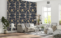 Long hallway showing Forest Green Floral Trail Wallpaper and floral vines, GD9476