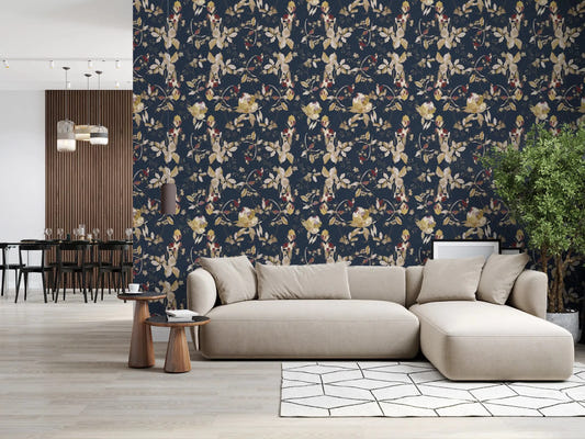 Stylish living room with Forest Green Floral Trail Wallpaper and cream blooms
