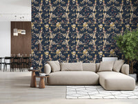 Stylish living room with Forest Green Floral Trail Wallpaper and cream blooms, GD9476