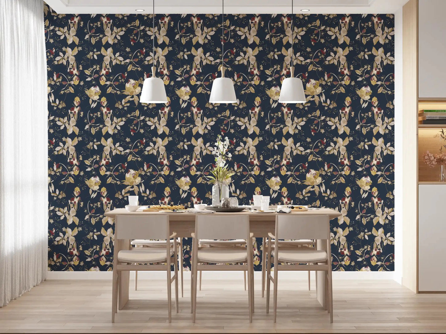 Contemporary Dining room wall with Forest Green Floral Trail Wallpaper pattern, GD9476
