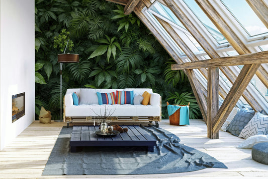 Various types of large leaves, including ferns and tropical plants.

