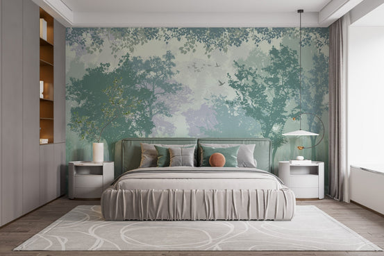 Serene heron forest wallpaper with green hues A638