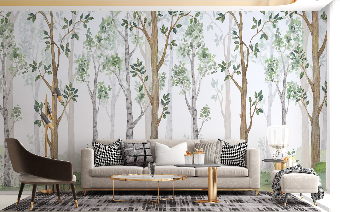 Soft forest green watercolor wallpaper mural design