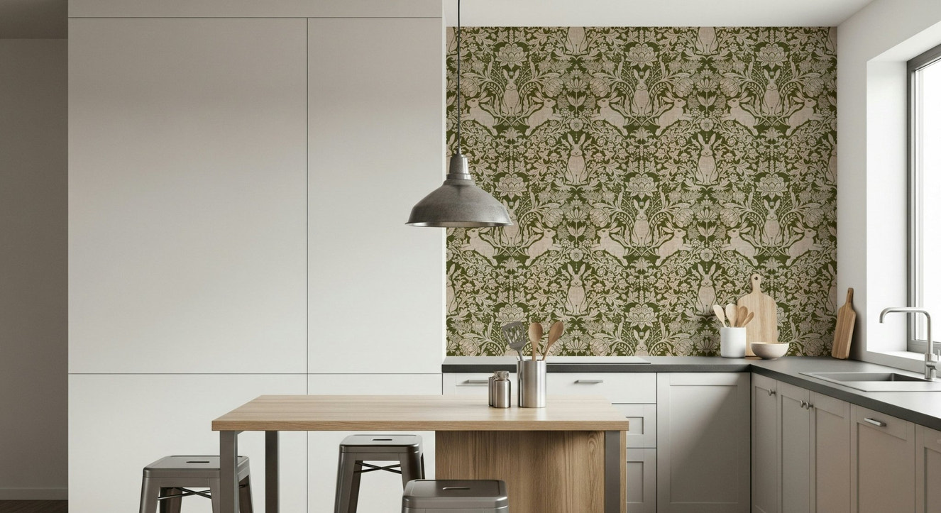 A beautiful forest hare tapestry wallpaper mural with whimsical animals and trees.