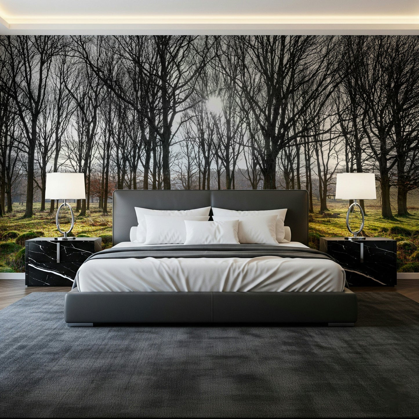 Long shadows Forest Illumination Wall Mural on grass.