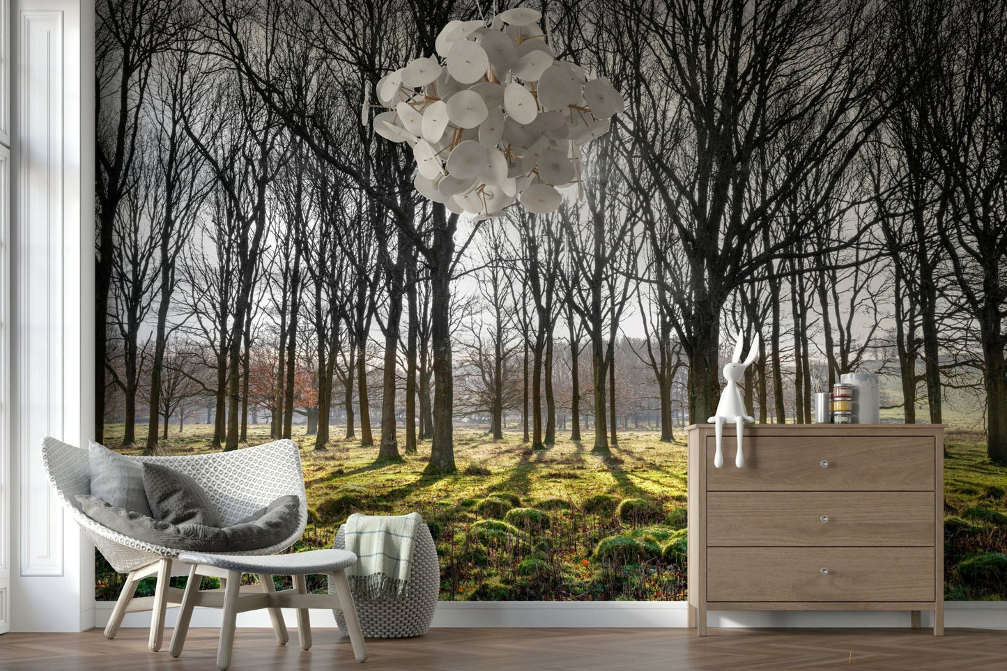 Dramatic winter Forest Illumination Wall Mural scene.