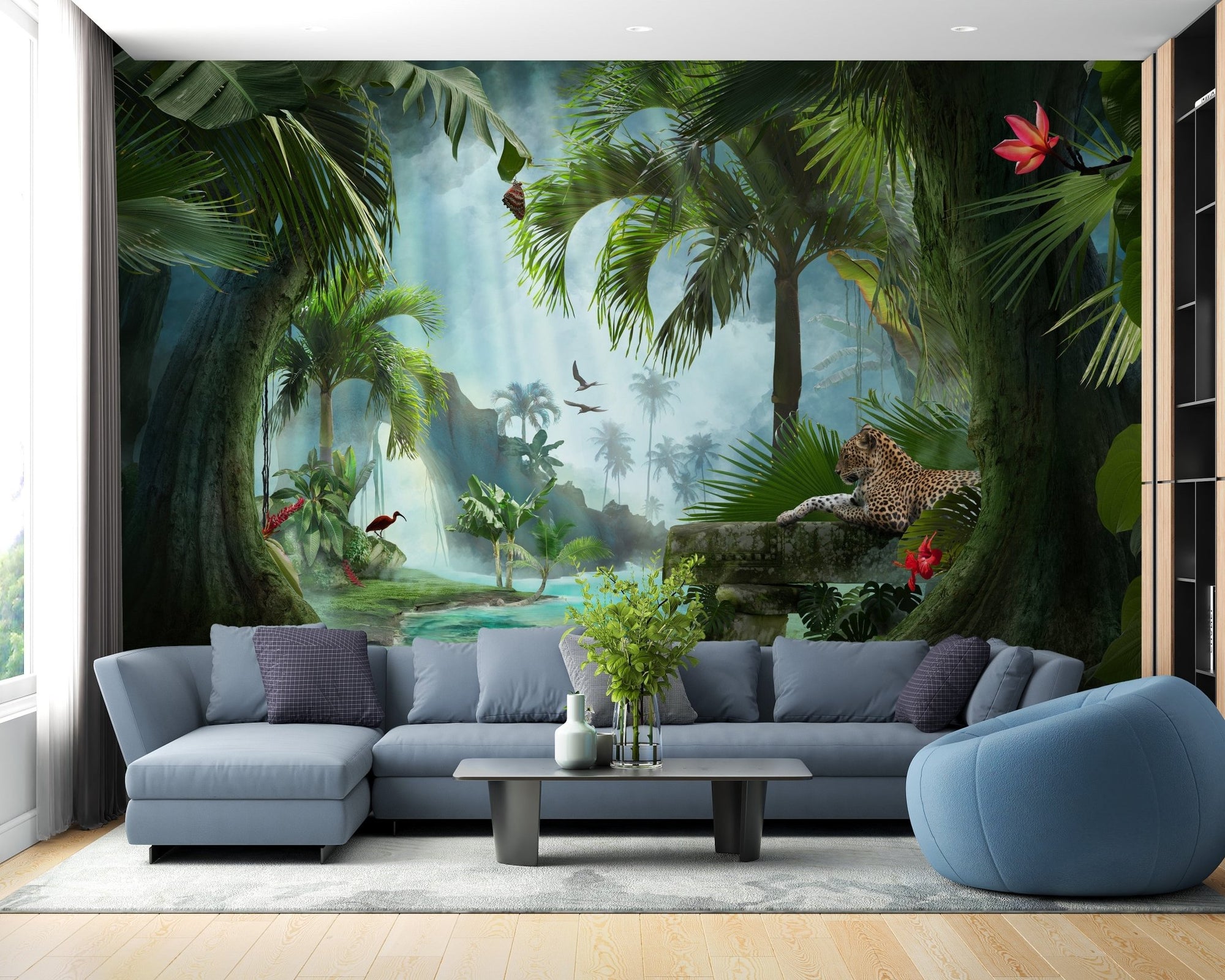 Forest lagoon wallpaper mural with panther A591
