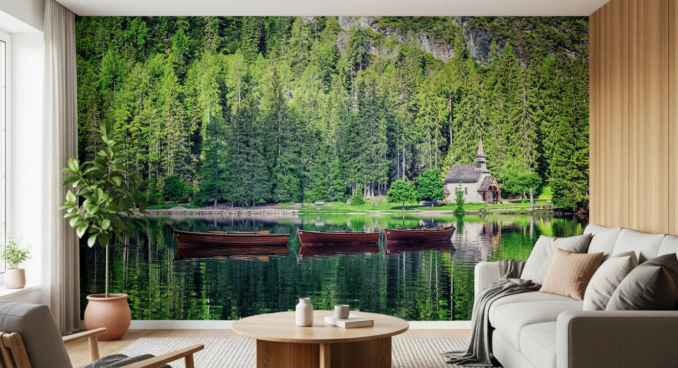 Nature lake wall mural with forest and boats