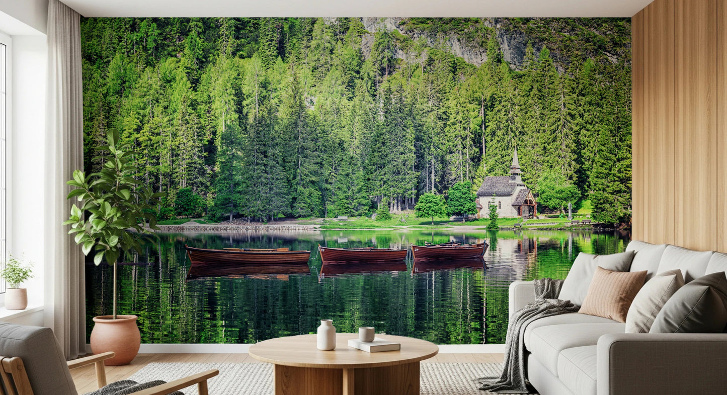 Nature lake wall mural with forest and boats