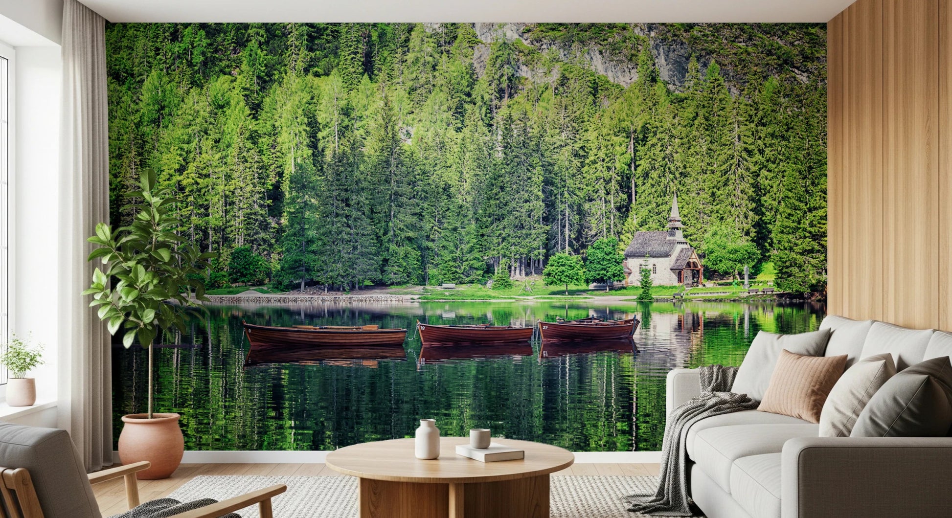 Nature lake wall mural with forest and boats