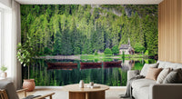 Nature lake wall mural with forest and boats