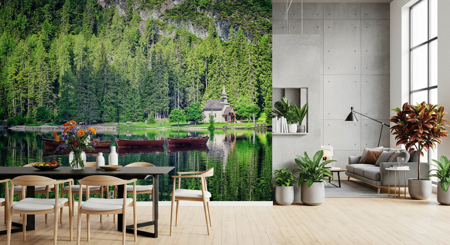 Peaceful nature wall mural with lake view