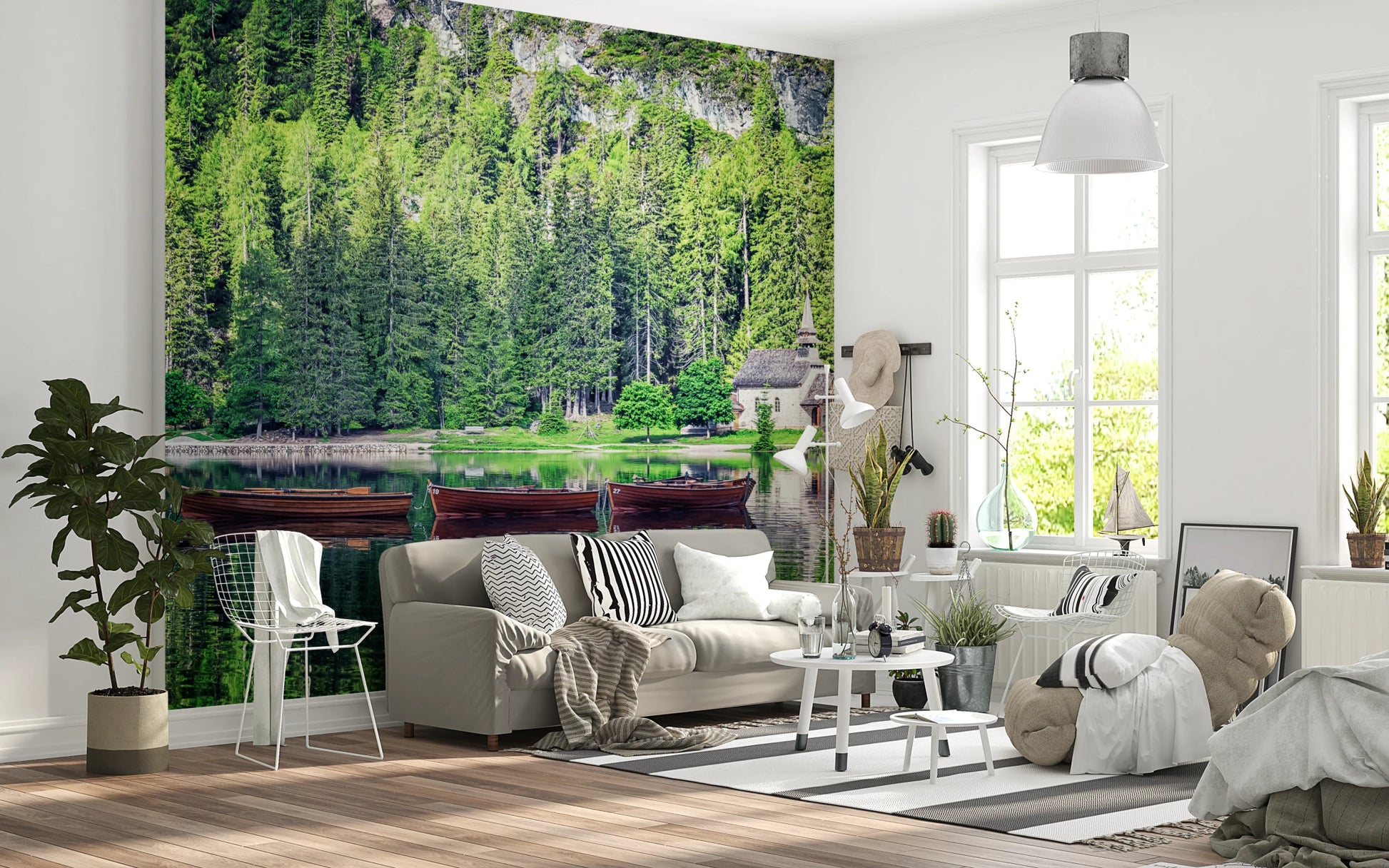 Green forest lake mural for living room