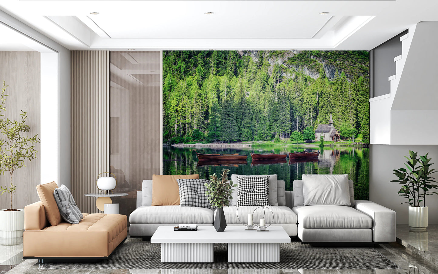 Scenic lake wall mural with green trees