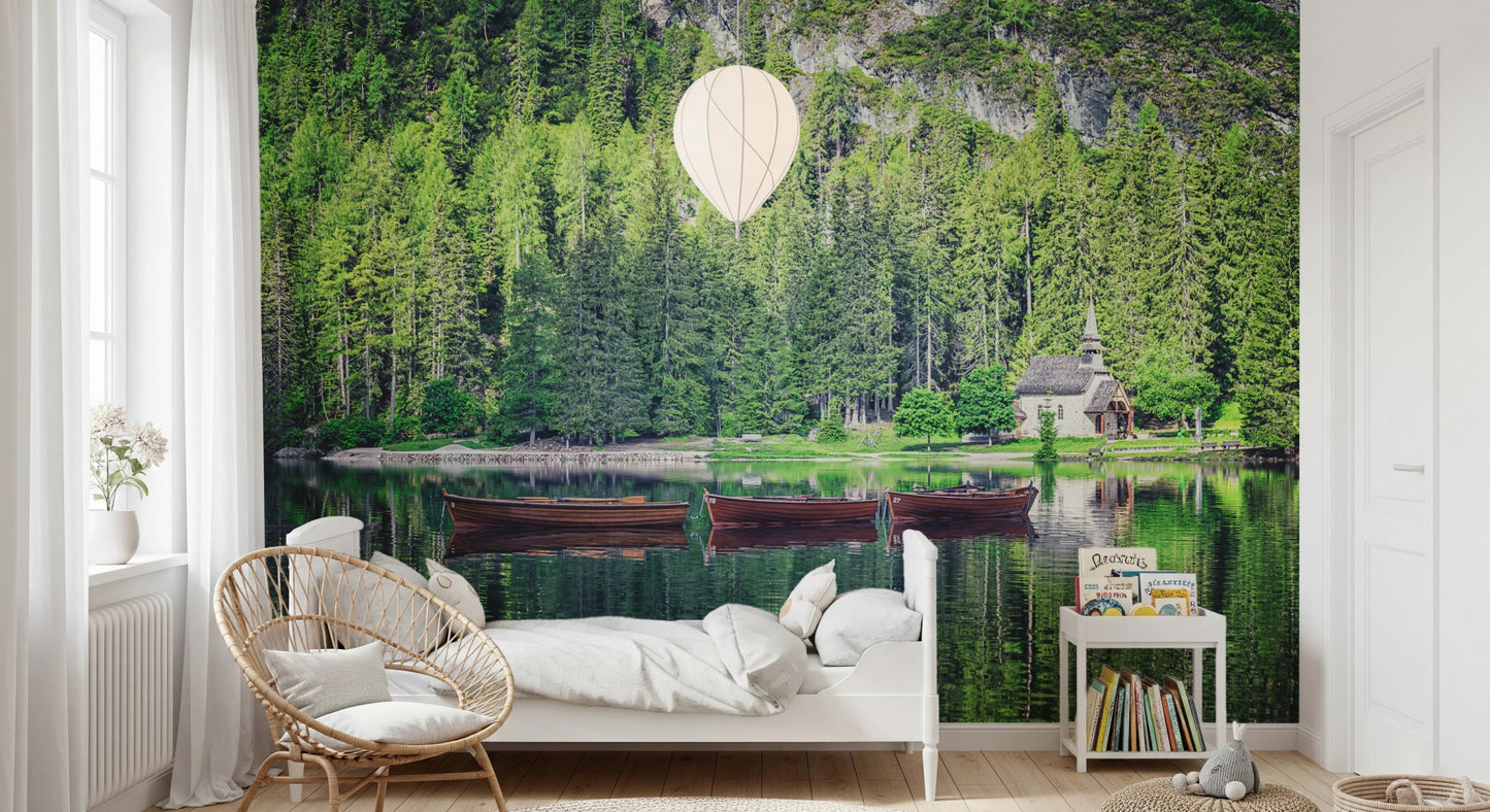 Nature scene wall mural with water reflections
