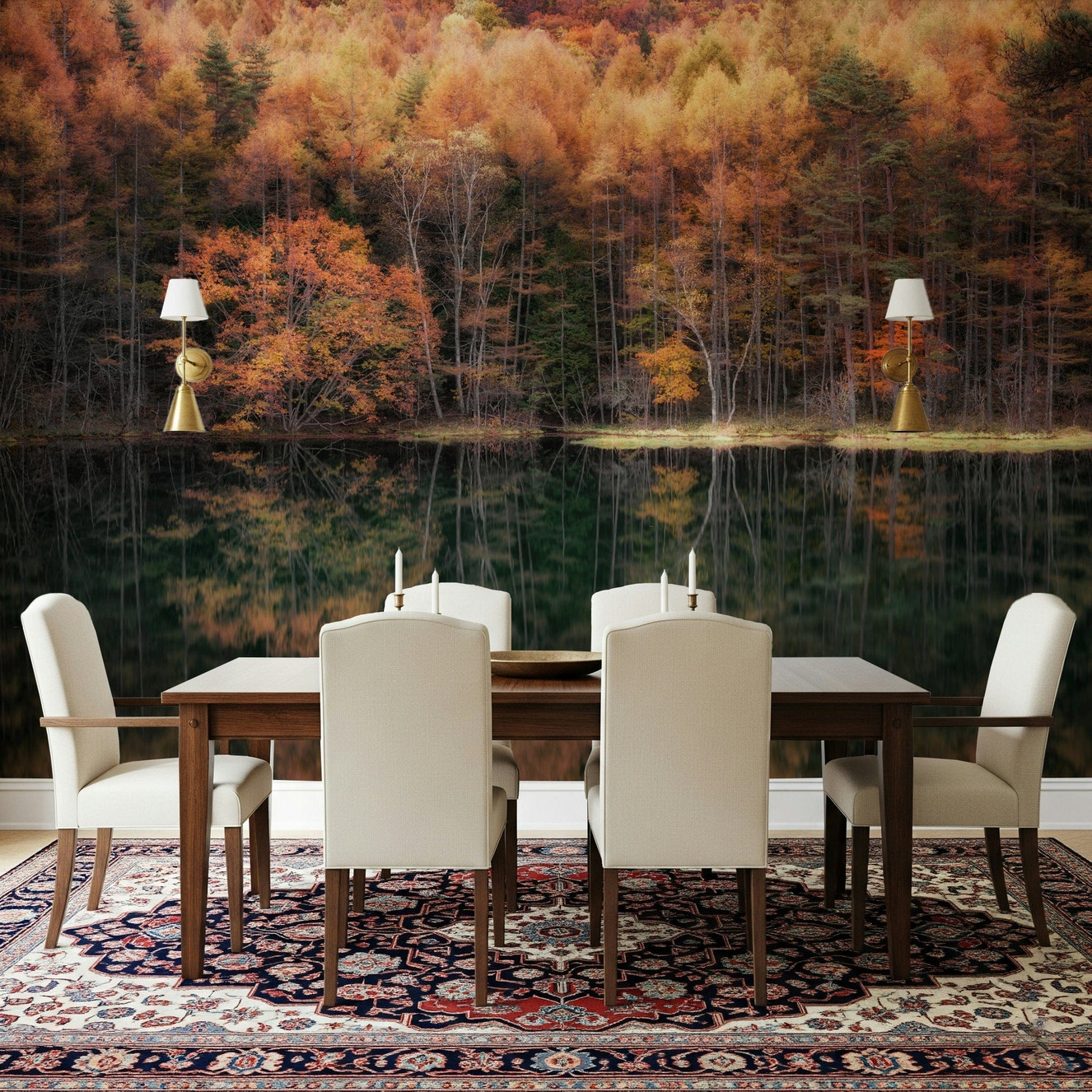 Autumn reflection from Forest Mirror wall mural sets tone in Dining room space