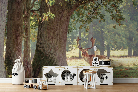 A beautiful majestic deer wallpaper mural in a forest.

