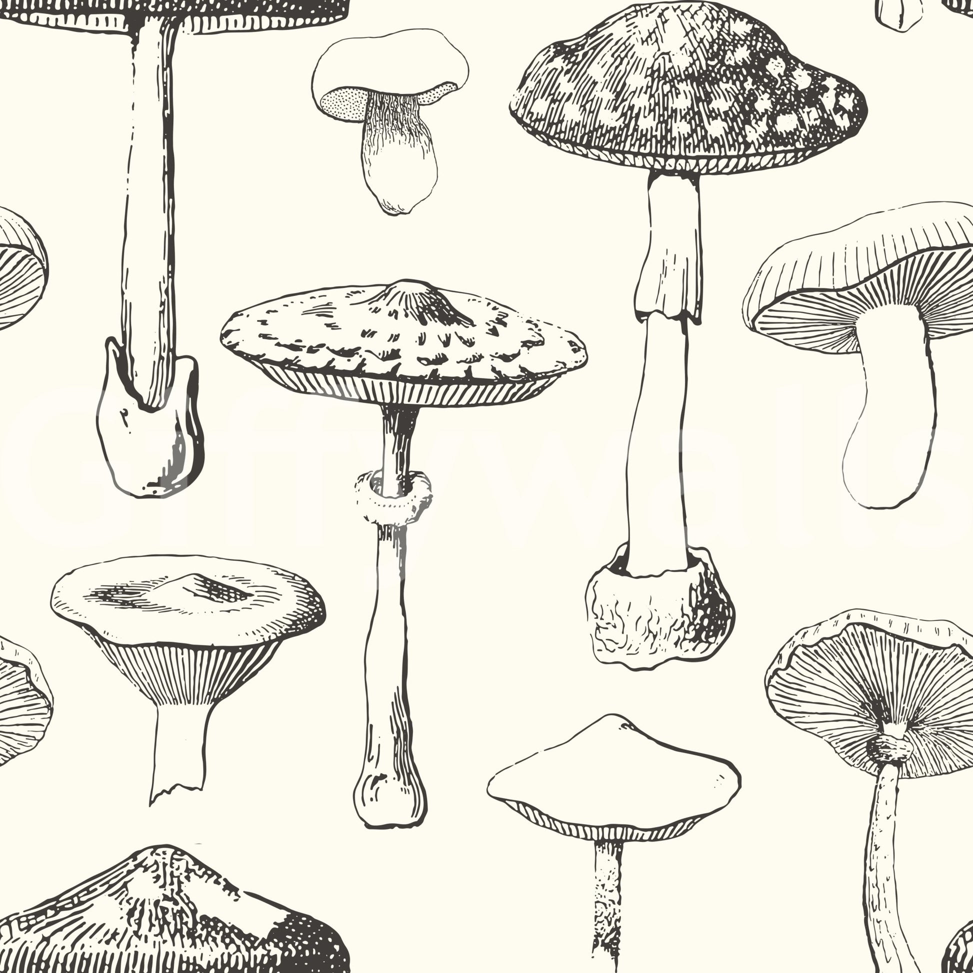 Ivory Sketch wallpaper showing Forest Mushroom motif spacing, GD9329