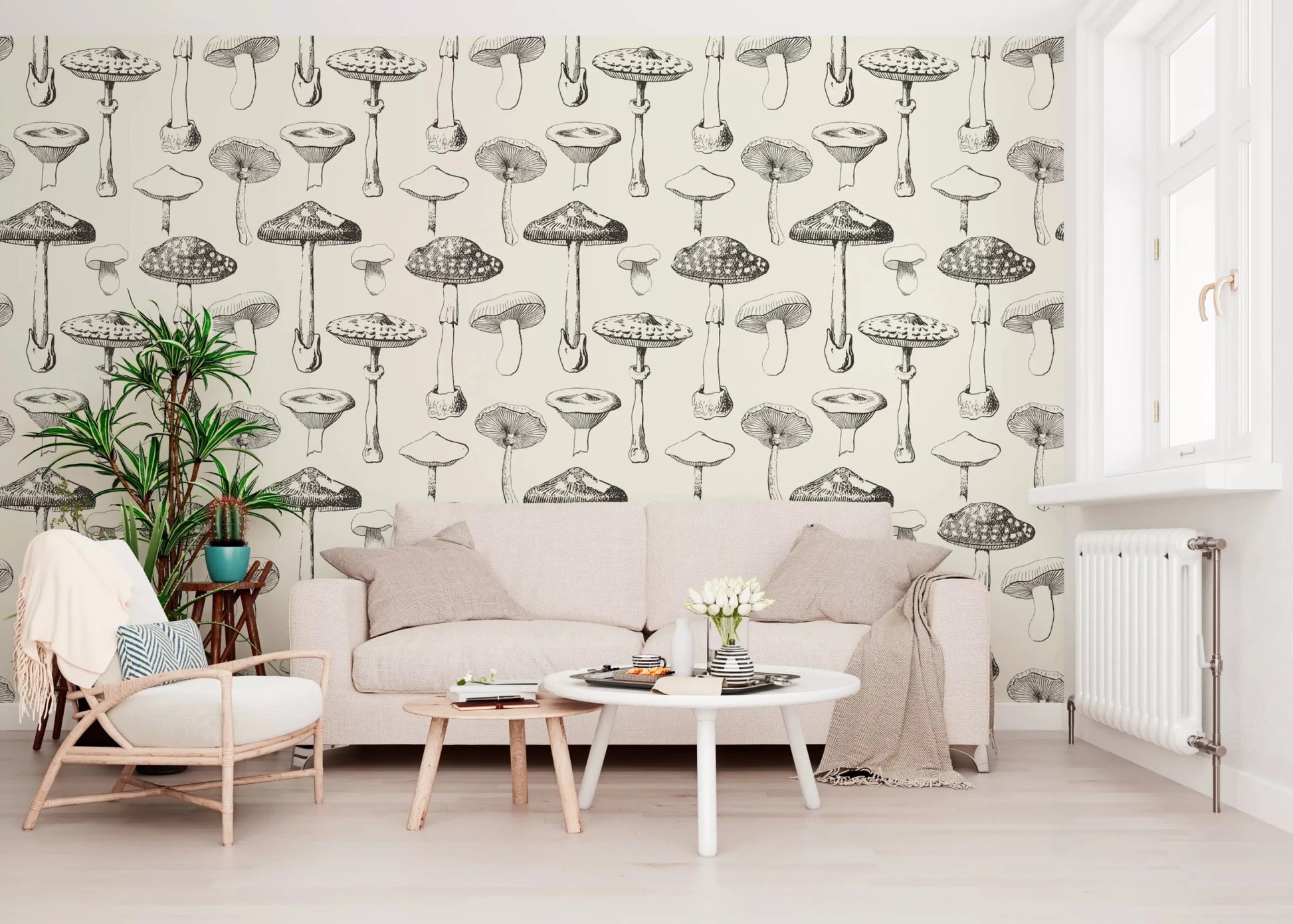 Cream Forest Mushroom wallpaper with delicate botanical outlines, GD9329