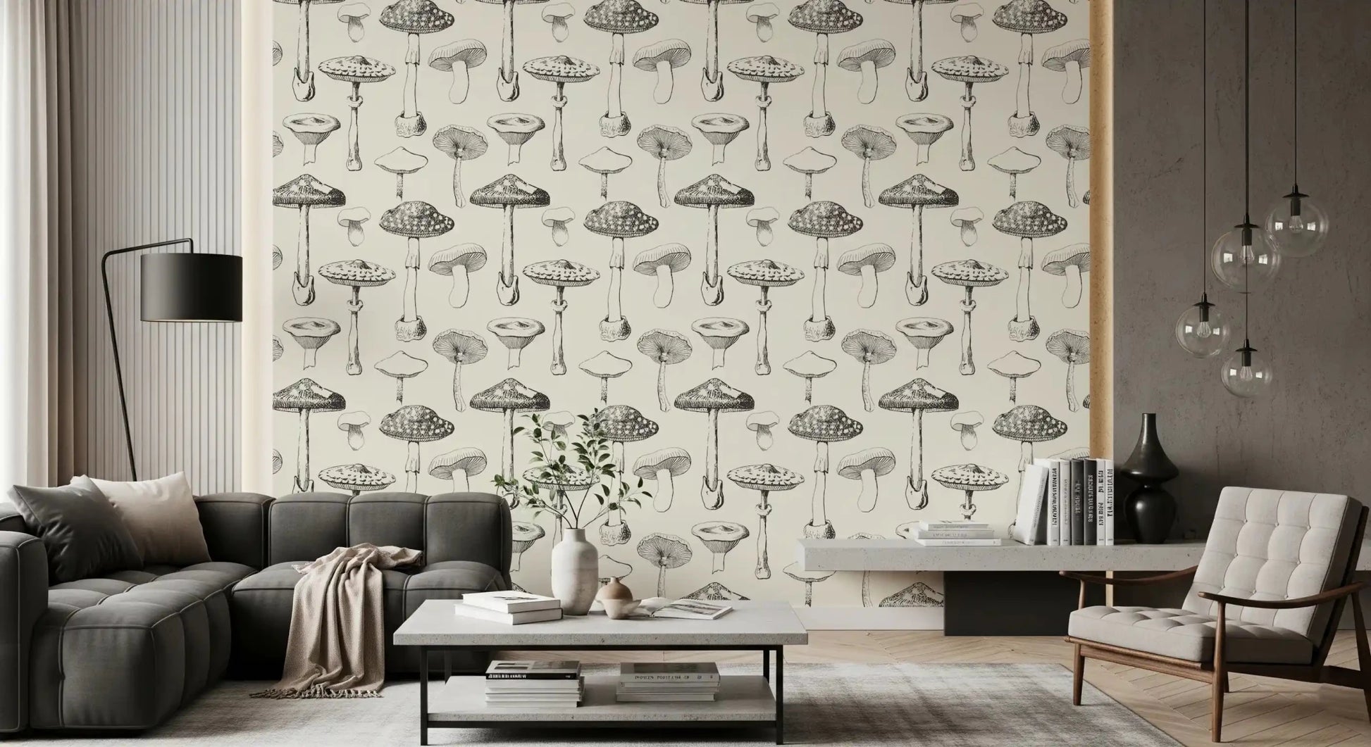 Light botanical repeat in Forest Mushroom wallpaper with fine detail, GD9329
