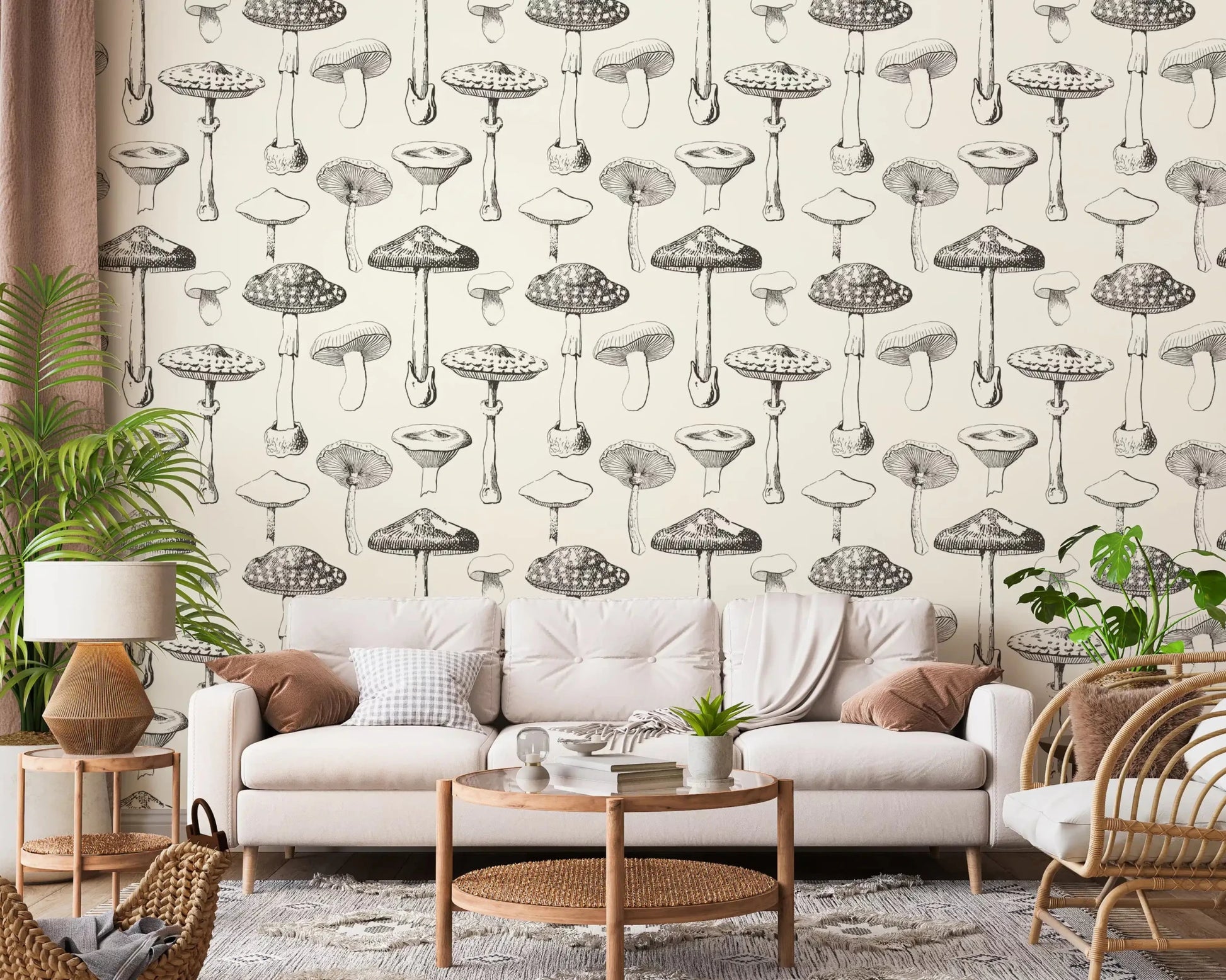 Hallway styled in Mushroom Sketch wallpaper with neutral fungi art, GD9329