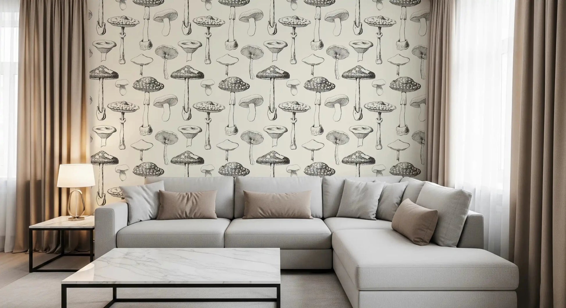 Living room wall with Forest Mushroom wallpaper in soft sketch detail, GD9329