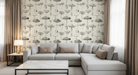 Living room wall with Forest Mushroom wallpaper in soft sketch detail, GD9329