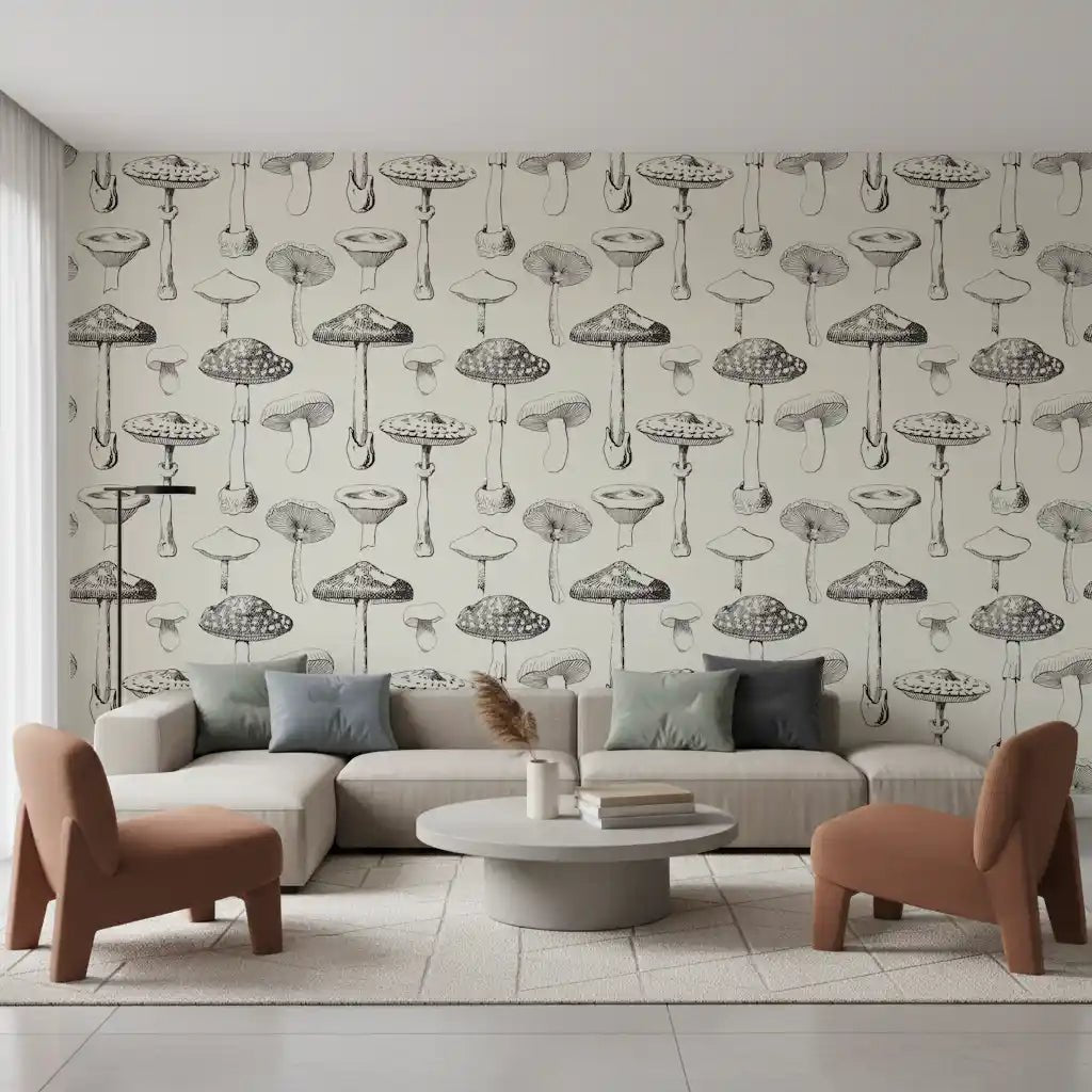 Vintage-style Mushroom wallpaper with clean Forest Sketch lines, GD9329