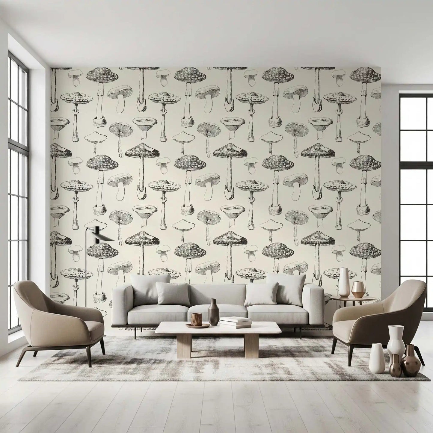 Soft neutral Mushroom Sketch wallpaper with airy vintage spacing, GD9329