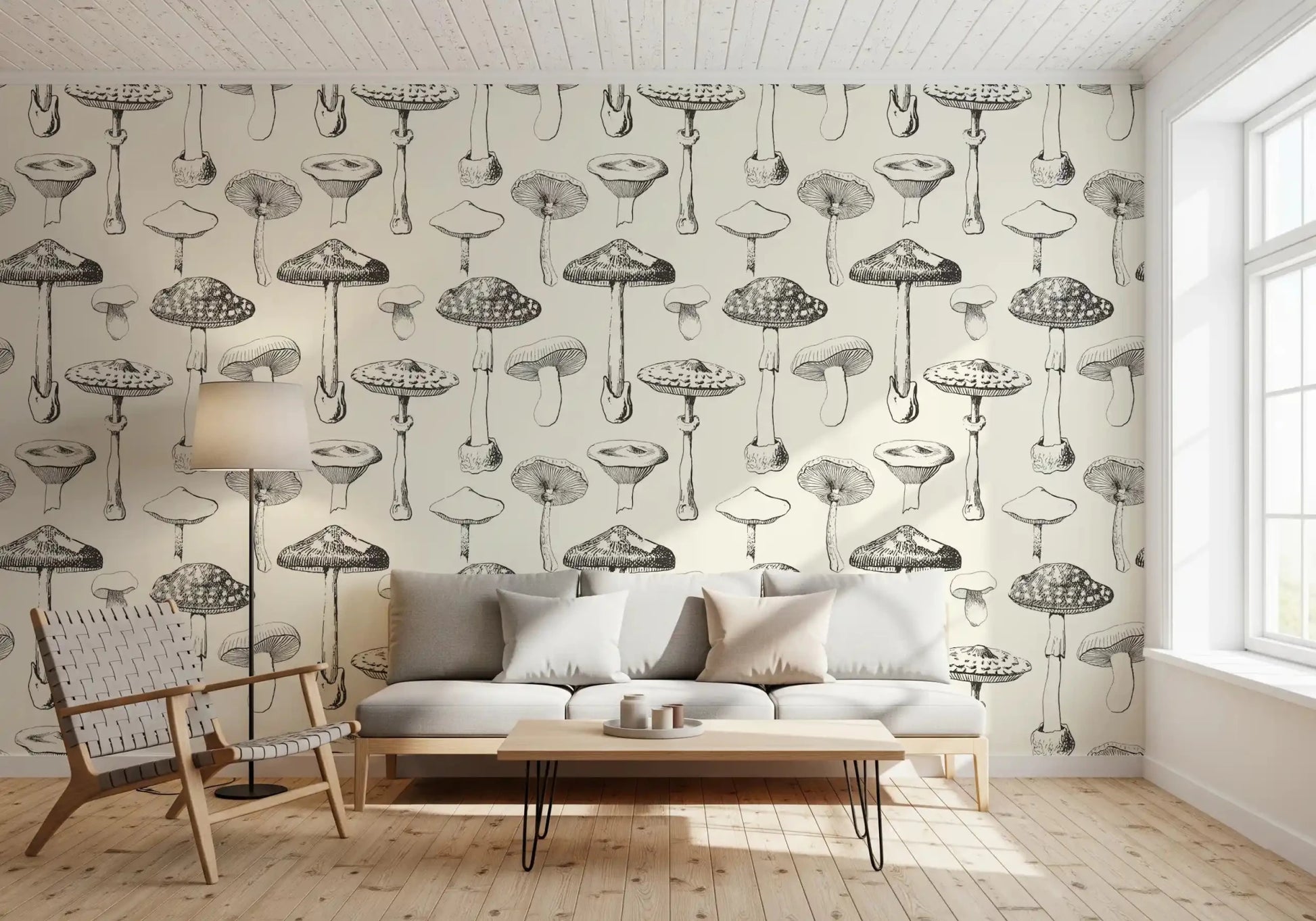 Hand-drawn fungi pattern in Forest Sketch wallpaper on ivory, GD9329