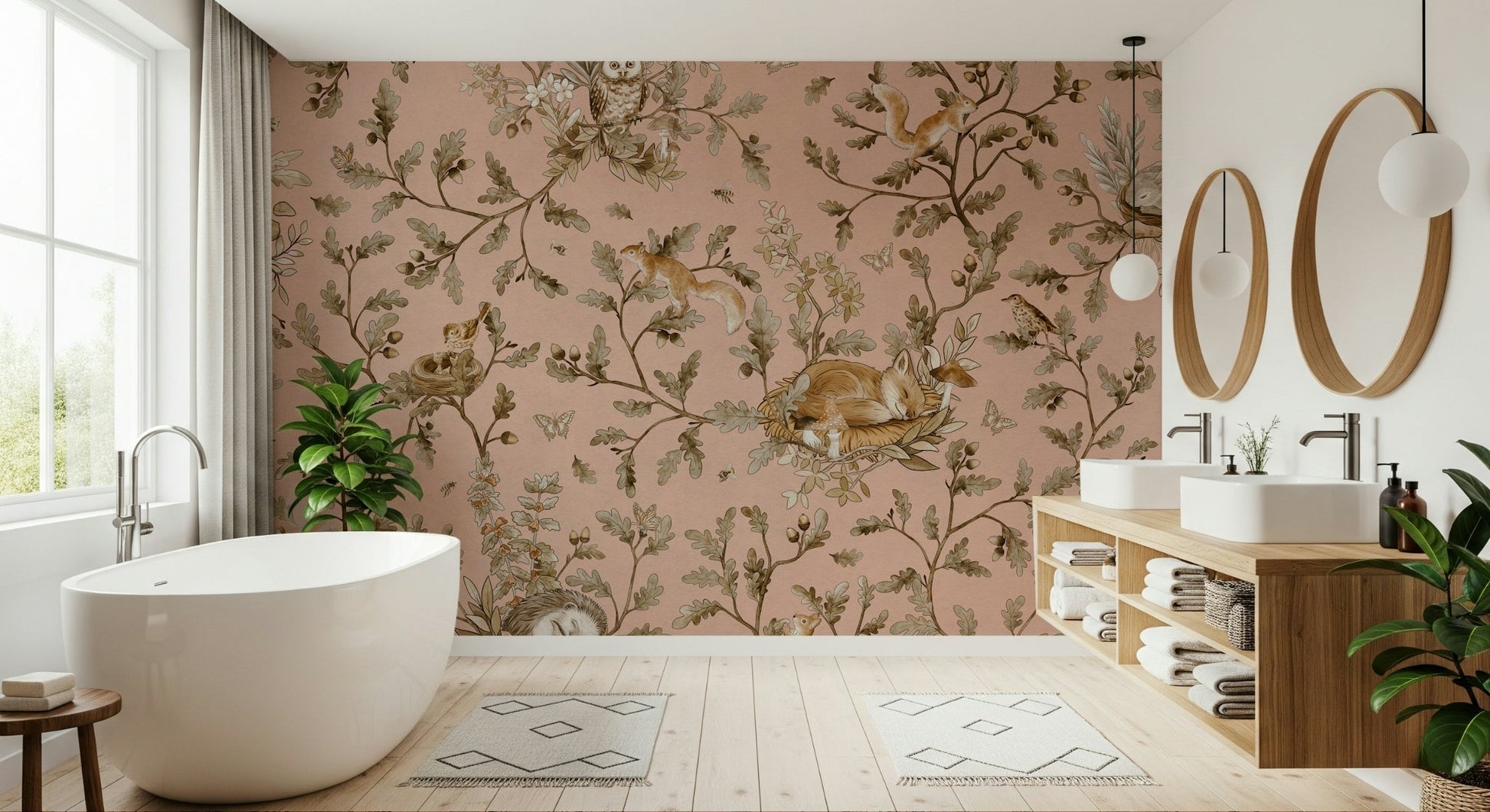 Designer nature print Forest Nap Wall Mural installed in a stylish dining space.