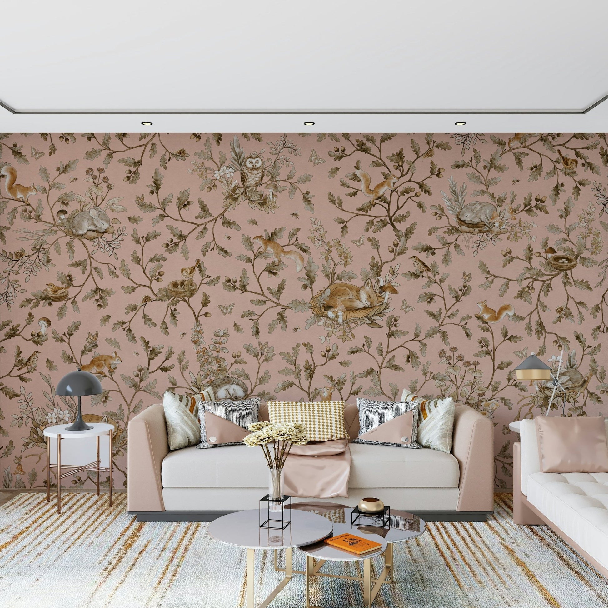 Muted earthy tone trees Forest Nap Wall Mural framing a beautiful console table.