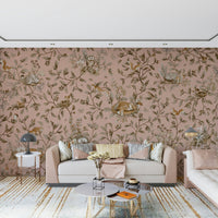 Muted earthy tone trees Forest Nap Wall Mural framing a beautiful console table.