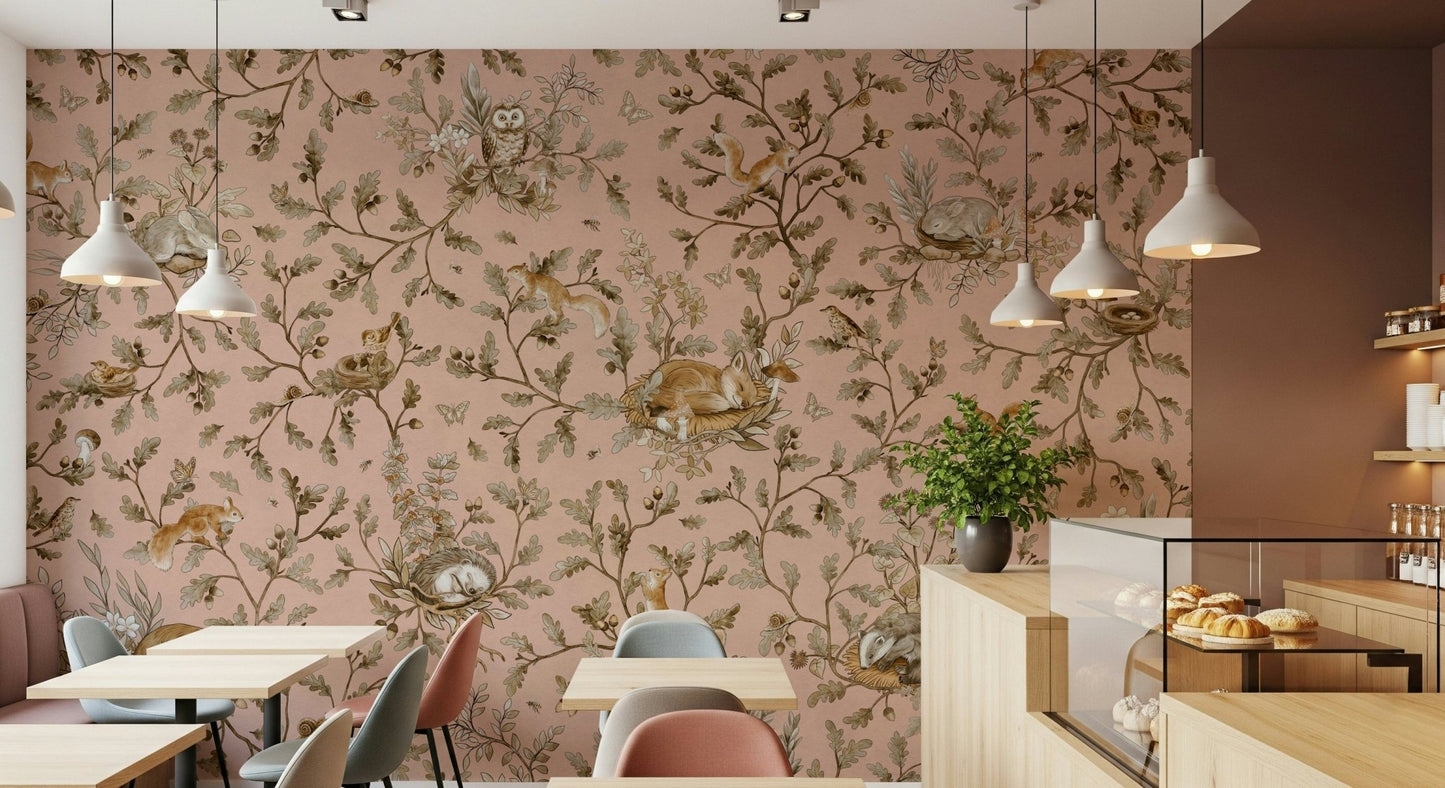 Gentle filtered light aesthetic Forest Nap Wall Mural modern bedroom feature wall.