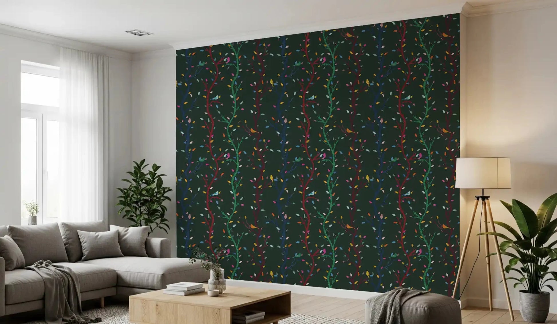 Dark green bird wallpaper with playful leaves and curved woodland branches