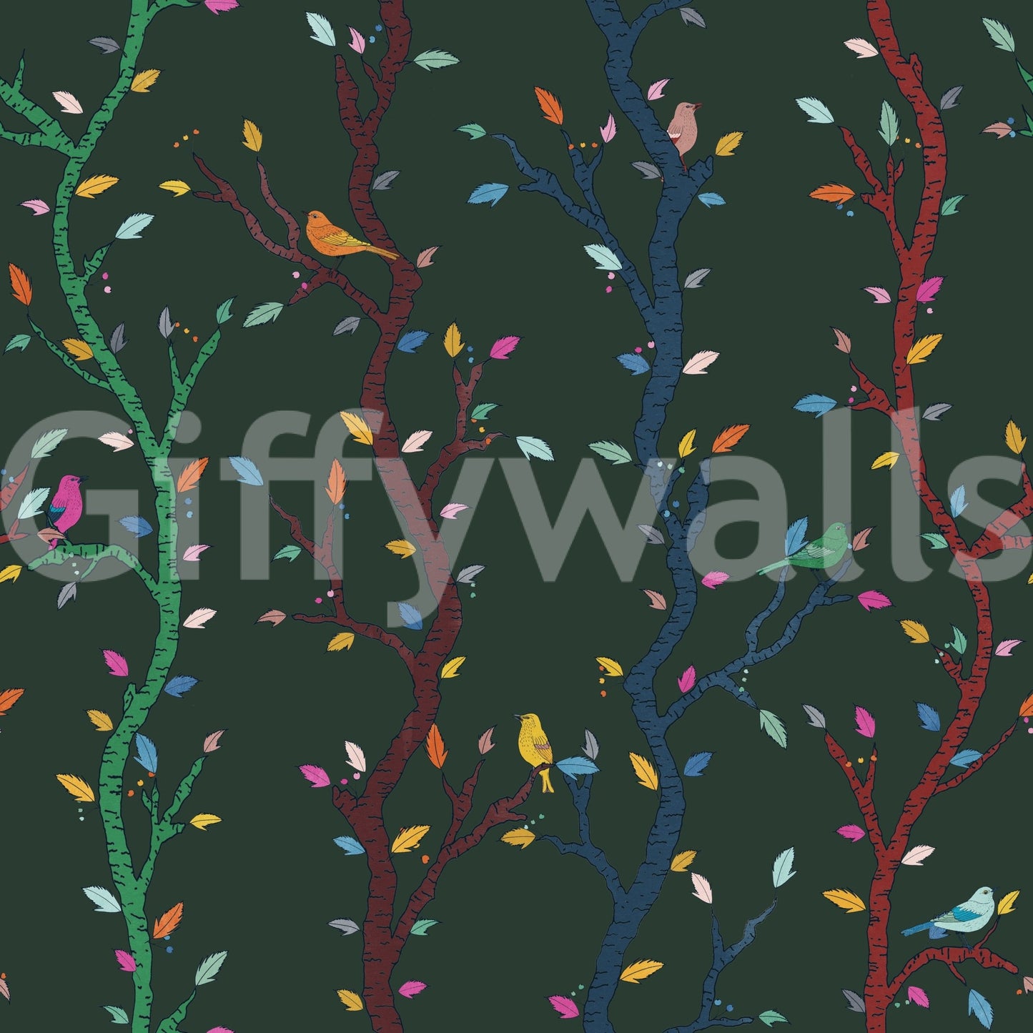 Artistic woodland birds wallpaper with rich forest tones and tree pattern