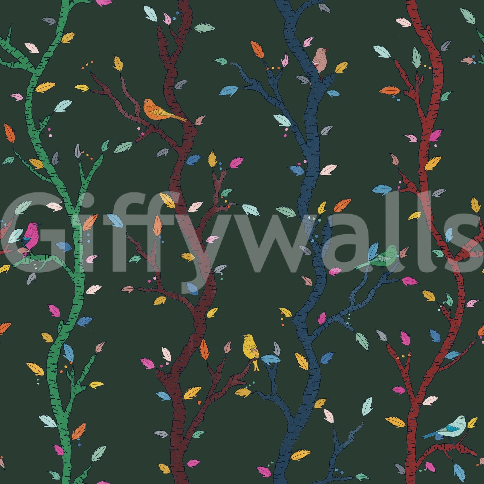 Artistic woodland birds wallpaper with rich forest tones and tree pattern
