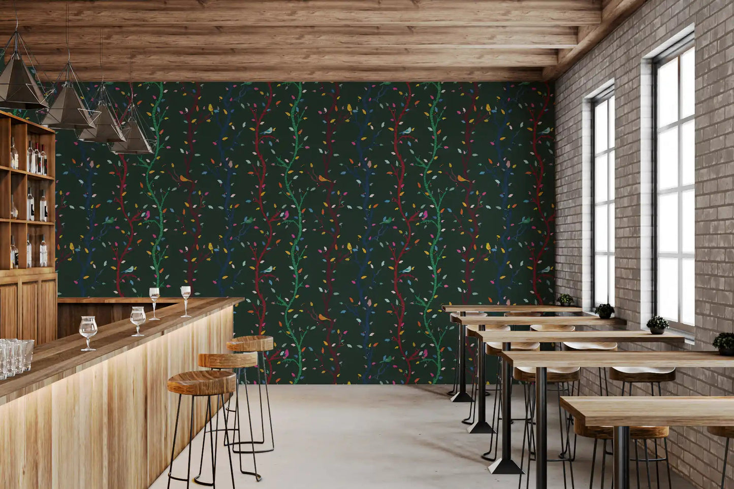 Dining room view of Forest Night Woodland Branches with Birds wallpaper pattern