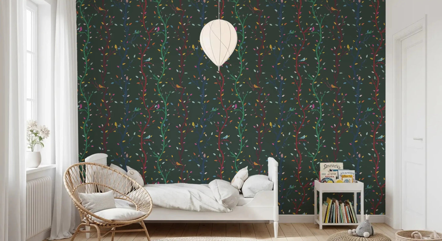 Decorative bird wallpaper with woodland branches and scattered bright leaves