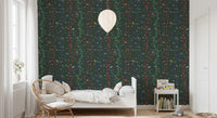 Decorative bird wallpaper with woodland branches and scattered bright leaves