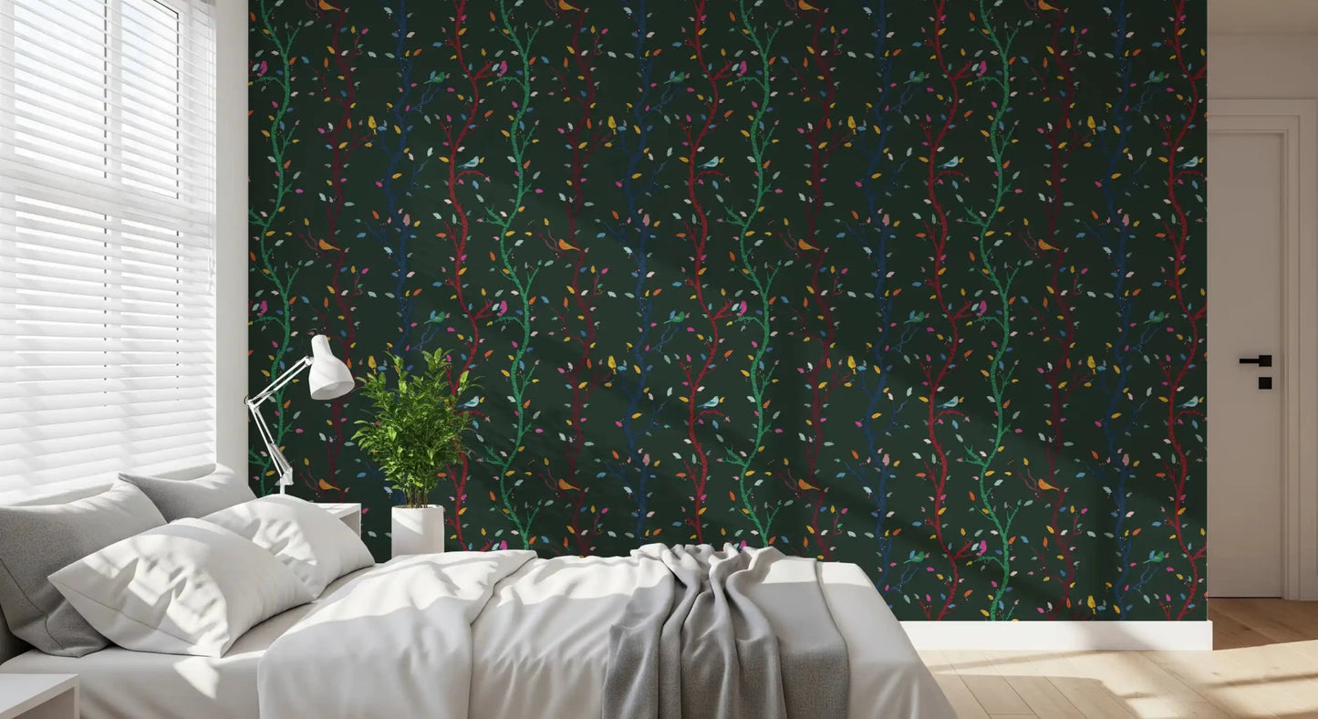 Bedroom styled in Forest Night Woodland Branches with Birds wallpaper design