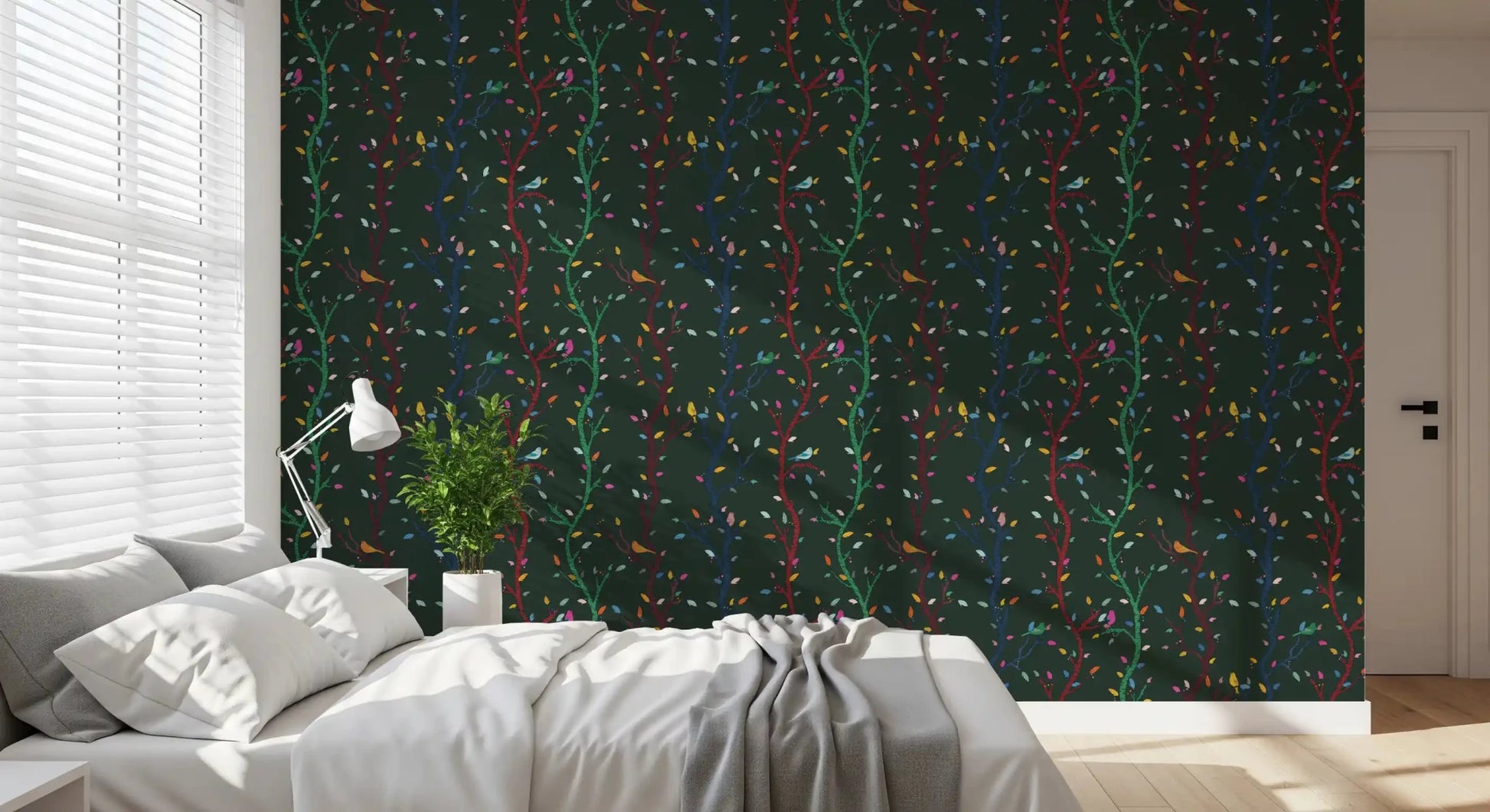 Bedroom styled in Forest Night Woodland Branches with Birds wallpaper design